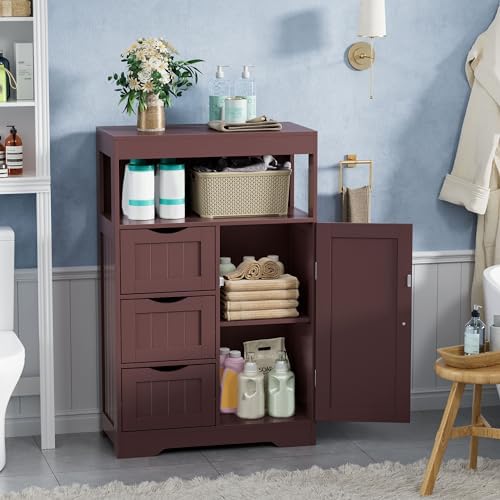JUMMICO Bathroom Floor Cabinet, Wooden Free-Standing Storage Organizer with 1 Door and 3 Drawers, Bathroom Storage Cabinet for Living Room/Kitchen/Hallway/Home Office (Espresso, 3 Drawers)