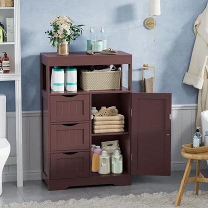 JUMMICO Bathroom Floor Cabinet, Wooden Free-Standing Storage Organizer with 1 Door and 3 Drawers, Bathroom Storage Cabinet for Living Room/Kitchen/Hallway/Home Office (Espresso, 3 Drawers)