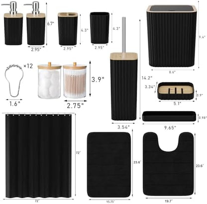 XLHOMO Bathroom Set - 25PC Black Bathroom Set with Shower Curtain and Rugs, Bathroom Accessories Set, Black Shower Curtain Set with Bathroom Trash Can