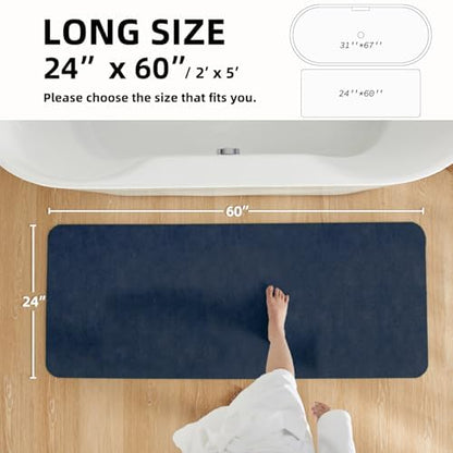TYUU Thin Bath Mat Runner, Long Bathroom Rugs Non Slip, 24x60 Navy Blue