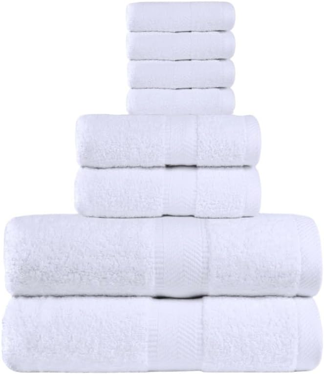 BY LORA 8-Pc Cotton Towel Set, Quick Dry Hotel Bath Hand Washcloths, White