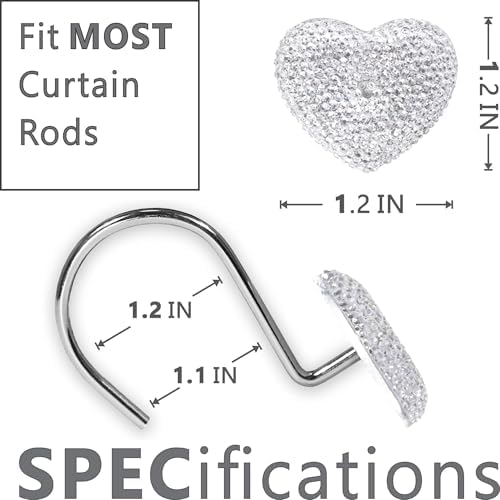 Clear Bling Shower Curtain Hooks: Cute Heart Bathroom Curtain Rings, 12Pcs