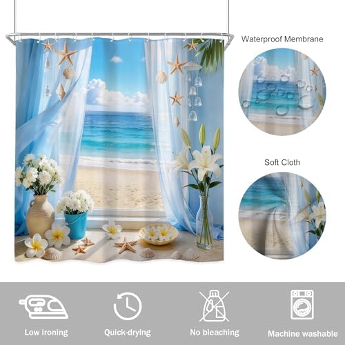 Ocean Coastal Blue Sea Fish Beach Floral Beachy Bathroom Shower Curtain Set