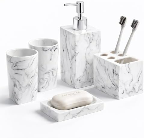 5 Piece Bathroom Accessories Set, Marble Resin Bathroom Vanity Set, Soap Dispenser, Toothbrush Holder, Soap Dish & 2 Tumblers, Bathroom Countertop Organizer Set (Ink White)