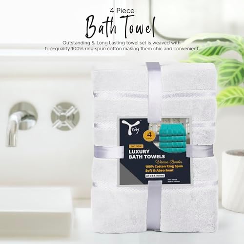 Luxury Bath Towels Set of 4, 27x54 Inches 600GSM 100% Cotton Ring Spun – Hotel Quality, Highly Absorbent - Viscose Stripe Bath Towel Sets (White)