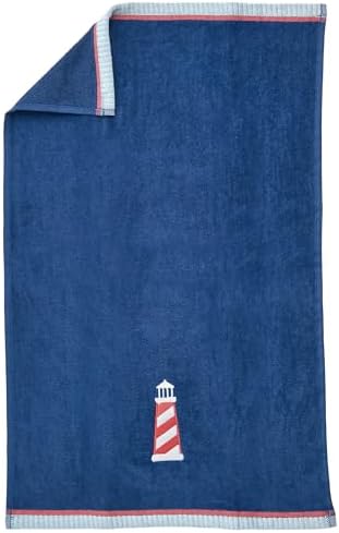 Ritz 2-Piece Cotton Velour Bathroom Hand Towel Set, Embroidered Lighthouse Design, Soft Navy Blue Nautical Decorative Towels for Lake House, Coastal, Beach Home Decor, 16” x 26”
