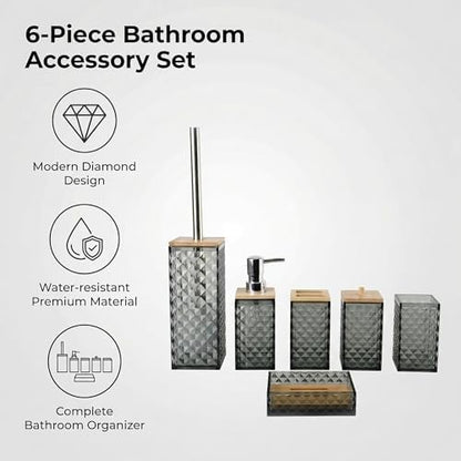 Grey Bathroom Accessory Set, 6 PCS Grey Bathroom Accessories Set, Soap Dispenser, Toothbrush Holder, Soap Dish, Mouthwash Cup, Cotton Swab Holder and Toilet Brush, Acrylic