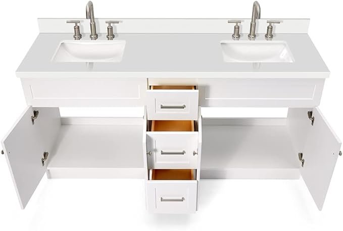 ARIEL Hamlet 72-inch Bathroom Vanity with Sink,Solid Wood, 1.5-inch Pure White Quartz Countertop & Backsplash, Double Rectangular Porcelain Sink, 4 Soft Closing Doors, 3 Dovetail Drawers, White