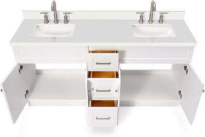 ARIEL Hamlet 72-inch Bathroom Vanity with Sink,Solid Wood, 1.5-inch Pure White Quartz Countertop & Backsplash, Double Rectangular Porcelain Sink, 4 Soft Closing Doors, 3 Dovetail Drawers, White