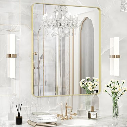Fun Memories Gold Bathroom Mirror 30x36 Inch Bathroom Vanity, Metal Black Frame Large Mirror, Modern Wall Mirror for Bathroom, Tempered Glass, Farmhouse, Horizontally or Vertically
