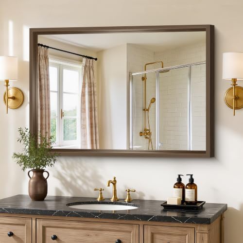 Bathroom Mirror, 30 x 42 inch Walnut Wood Grain Colored Aluminum Metal Frame Bathroom Vanity Mirror, Rectangle Wall Mirror for Bedroom Living Room, Tempered Glass, Horizontal or Vertical