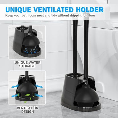 Toilet Plunger and Brush Set, Bowl Brush and Heavy Duty Toilet Plunger with Ventilated Holder, 2-in-1 Toilet Brush and Plunger Combo for Bathroom Deeply Cleaning（Black）