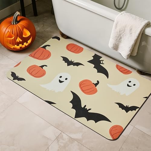 TYUU Thin Halloween Bath Mat, Non-Slip Washable, 24x36 Orange Pumpkins Bats