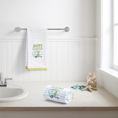Ritz 2-Piece Cotton Velour Bathroom Hand Towel Set, Embroidered Happy Camper Design, Soft Pinstripe Decorative Bathroom Towels for RV, Cabin, or Home Decor, 16” x 26”