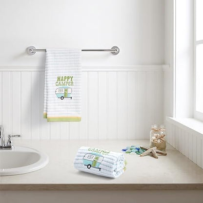 Ritz 2-Piece Cotton Velour Bathroom Hand Towel Set, Embroidered Happy Camper Design, Soft Pinstripe Decorative Bathroom Towels for RV, Cabin, or Home Decor, 16” x 26”