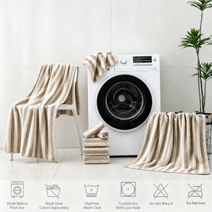 18 Pcs Light Brown Beige Cabana Stripe Bath Towel Set with Hanging Loop-6 Bath Towels,6 Hand Towels,6 Washcloths Family Towels Soft Microfiber Highly Absorbent Shower Towel for Bathroom Beach Spa Gym
