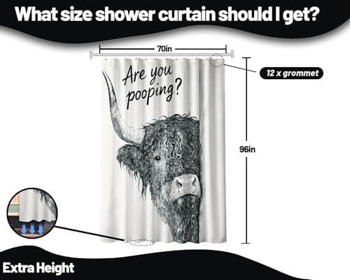 Extra Tall Shower Curtain XL Funny Highland Cow, 70 x 96 Inchs