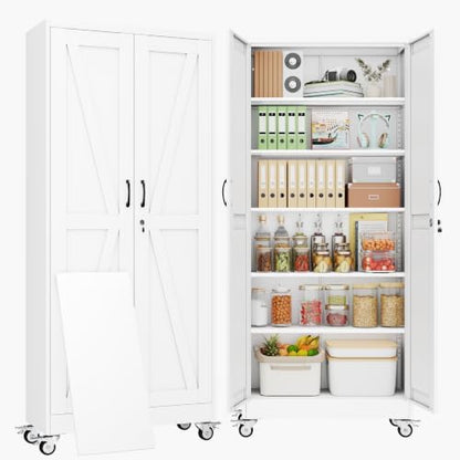 75" Metal Garage Storage Locker Cabinet with Wheels,Rolling White Farmhouse Kitchen Pantry Cabinet with 2 Doors and 5 Adjustable Shelves, Steel File Tool Cabinet for Home Office Warehouse