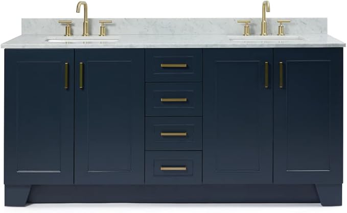 ARIEL Taylor 72-inch Bathroom Vanity with Sink,Solid Wood, 0.75-inch Italian Carrara Marble Countertop, Double Rectangular Porcelain Sink, 4 Soft Closing Doors, 6 Dovetail Drawers, Midnight Blue