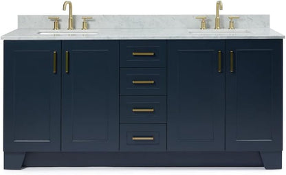 ARIEL Taylor 72-inch Bathroom Vanity with Sink,Solid Wood, 0.75-inch Italian Carrara Marble Countertop, Double Rectangular Porcelain Sink, 4 Soft Closing Doors, 6 Dovetail Drawers, Midnight Blue