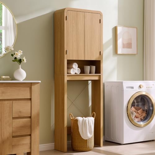 Over the Toilet Storage Cabinet, 69.69" Curved Bathroom Storage Organizer Cabinet with Doors and Adjustable Shelves, Wooden Free Standing Toilet Space Saver Rack, Natural