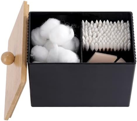 Qtip Holder with Bamboo Lids, 3 Compartments Cotton Ball/Swabs Dispenser, Apothecary Jar Plastic Container for Storage and Organizer (Black)