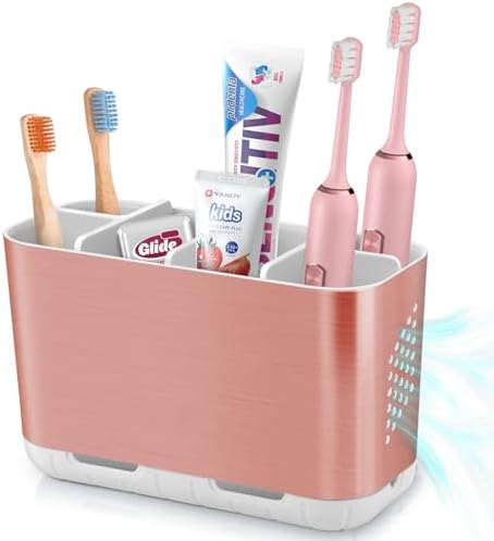 Boperzi Toothbrush Holders for Bathrooms Countertop, Electric Tooth Brush Holder with Adjustable Dividers, Detachable Anti-Slip Large Toothpaste Caddy Organizer Storage for Shower, Family, Kids, Pink