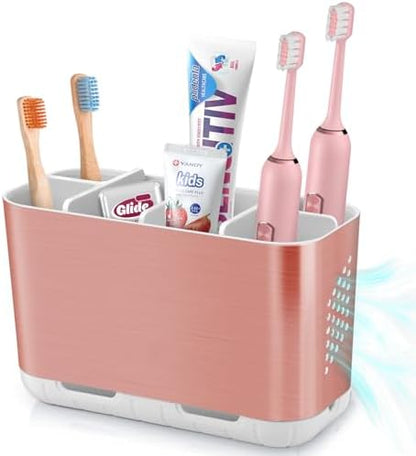 Boperzi Toothbrush Holders for Bathrooms Countertop, Electric Tooth Brush Holder with Adjustable Dividers, Detachable Anti-Slip Large Toothpaste Caddy Organizer Storage for Shower, Family, Kids, Pink