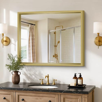 Bathroom Mirror, 30 x 36 inch Natural Wood Grain Colored Aluminum Metal Frame Bathroom Vanity Mirror, Rectangle Wall Mirror for Bedroom Living Room, Tempered Glass, Horizontal or Vertical