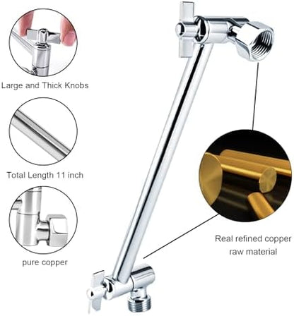 Heavy Duty Adjustable Shower Arm, 11" 100%Brass Extension with Gear Lock Teeth & Swivel Nut,Strong Load Support, No Sagging, Keeps ShowerHead Straight, Leak-Free, G1/2 NPT(Chrome)