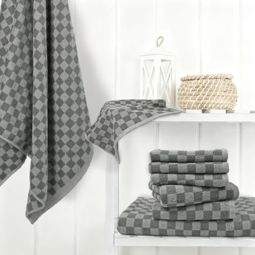 Jacquotha Grey Checkered Towel Set of 8, Cotton Towels for Bathroom Decor