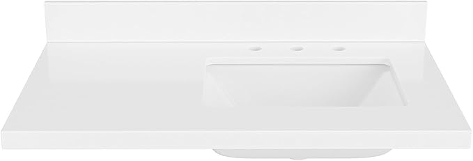 ARIEL 37 inch Bathroom Vanity top with Sink, 1.5 Inch Thick Miter Edge White Quartz top, Right Offset Vanity top with Rectangle Porcelain Sink, Includes Backsplash