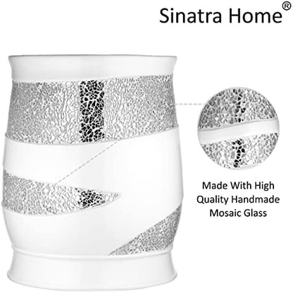 Zahari Home 2pc Sinatra White Modern Bath Accessories Set Waste Basket & Tissue Box Modern Decorative Beautiful Designs Bathroom Decor Set for Home Luxury Bath Set Mosaic Glass