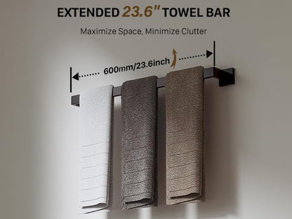 20-Piece 23.6 Inch Matte Black Bathroom Hardware Accessories Set | Stainless Steel Bath Extended Towel Bar, Toilet Paper Holder with Shelf, Towel Hooks, Square Towel Ring Wall Mounted