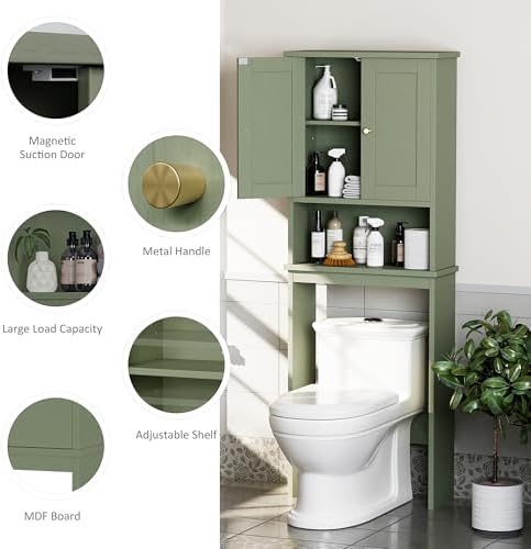 Over the Toilet Storage Cabinet for Bathroom, Storage Organizer Over Toilet, Space Saver with Tempered Glass Doors, Green