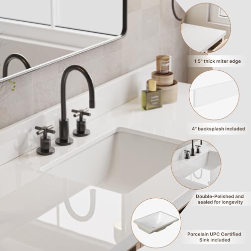 ARIEL Cambridge 48-inch Bathroom Vanity with Sink,Solid Wood, 1.5-inch Pure White Quartz Countertop & Backsplash, Single Rectangular Porcelain Sink, 2 Soft Closing Doors, 9 Dovetail Drawers, White