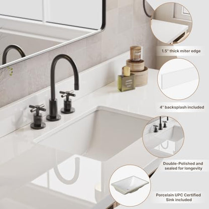 ARIEL Cambridge 48-inch Bathroom Vanity with Sink,Solid Wood, 1.5-inch Pure White Quartz Countertop & Backsplash, Single Rectangular Porcelain Sink, 2 Soft Closing Doors, 9 Dovetail Drawers, White