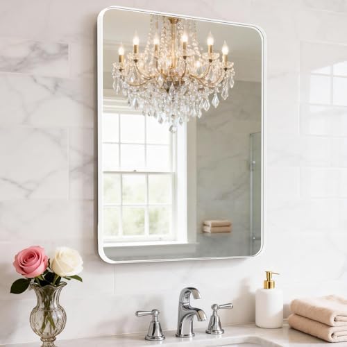Frosted White Wall-Mounted Bathroom Mirror, 18x30-inch Metal-Frame Vanity Mirror, Rounded-Corner Rectangular Wall Mirror, Bathroom Mirror for Above Sink, Can Be Hung Horizontally or Vertically
