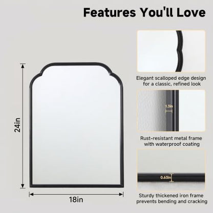 24"x18"﻿ Black Bathroom Scalloped Mirror, Rust-Proof Metal Frame
