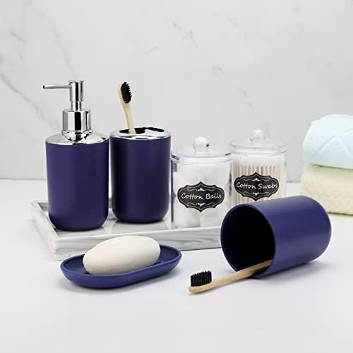 IMAVO Bathroom Accessories Set,Navy Blue Bathroom Set,9 Pieces Bathroom Accessory Set,Tray,Qtip Holders,Toilet Brush,Trash Can for Bathroom Décor and Home Gifts