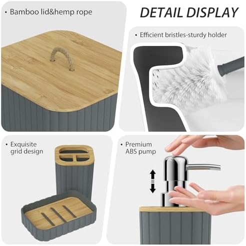 Bathroom Accessories Set - 10PC Bathroom Set, Grey Bathroom Set, Bathroom Accessories Set, Toilet Brush, Bathroom Trash Can & Soap Dispenser