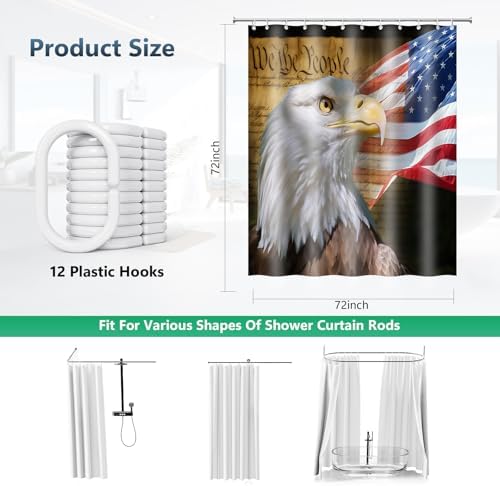 Bald Eagle American Flag Patriotic Shower Curtain with Hooks 72 x 72 Inches