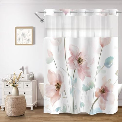 No Hook Shower Curtain and Liner Set, Light Pink Boho Floral 71x84