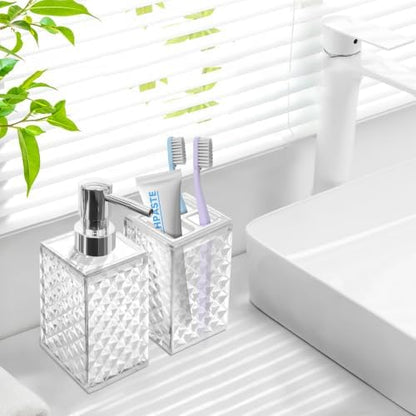 2 Piece Bathroom Accessory Set, Clear Soap Dispenser and Toothbrush Holder