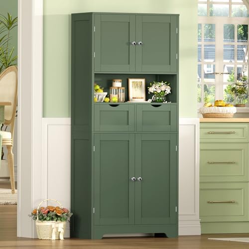TEENFON Tall Bathroom Storage Cabinet with 4 Doors & 2 Adjustable Shelves