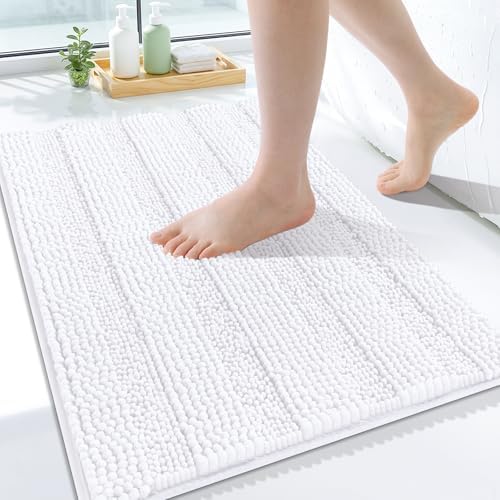 Grandaily Chenille Striped Bathroom Rugs 24x16, Extra Thick and Soft Absorbent Bath Mats, Rubber Backing, Plush Shaggy Shower Carpet, Machine Wash Dry, Bath Rug for Bathroom, Solid White