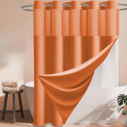 Dynamene Burnt Orange Hook Free Waffle Shower Curtain & Snap-in Liner,72x87