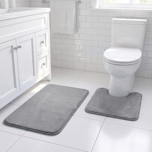 H.VERSAILTEX Bath Mat Memory Foam Set Bathroom Rug Set Flannel Velvety Bath Mat Luxury Extra Soft and Absorbent Non Slip Rugs for Bathroom/Bedroom Washable(Curved Set 20"x 32" Plus 20"x 20"U, Grey)