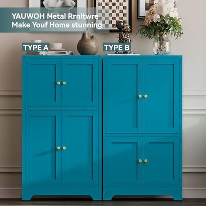 YAUWOH Blue Bathroom Floor Cabinet, Metal Storage Cabinet with 2 Adjustable Shelves & 4 Doors,Freestanding Sideboard for Dining Room,Living Room, Home Office