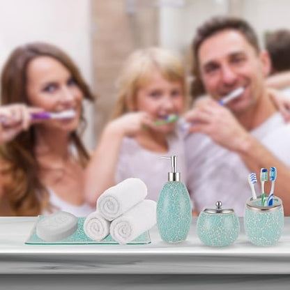 Escenzy Turquoise Bathroom Accessories Set 4 Pcs | Handcrafted Mosaic Glass Soap Dispenser, Toothbrush Holder, Cotton Swab Jar, Vanity Tray | Luxury Coastal Boho Bathroom Decor